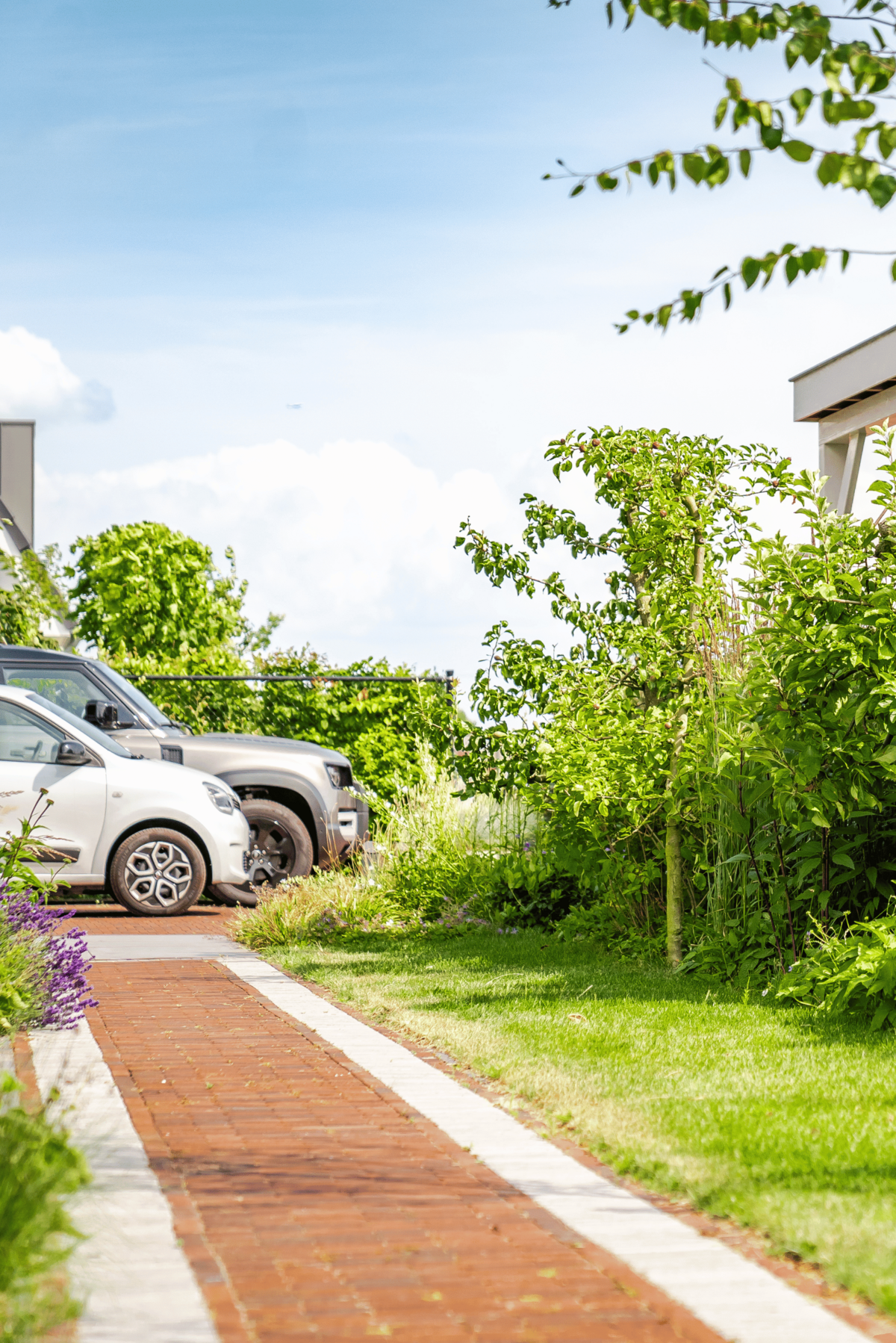 Bedrijfstuin entree, geparkeerde auto's